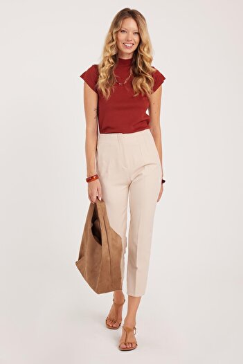 Tudors Women's Relax Fit Comfortable Cut High Waist Narrow Leg Beige Pants