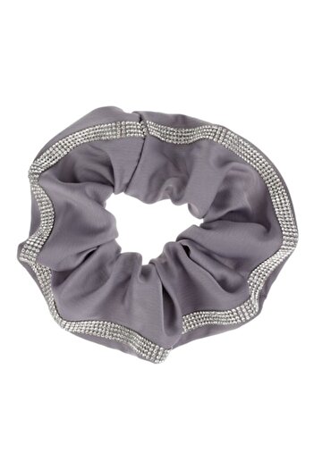 SHOPIENS Shopiens® hair elastic for women, pale grey satin fabric with rhinestones on the edge