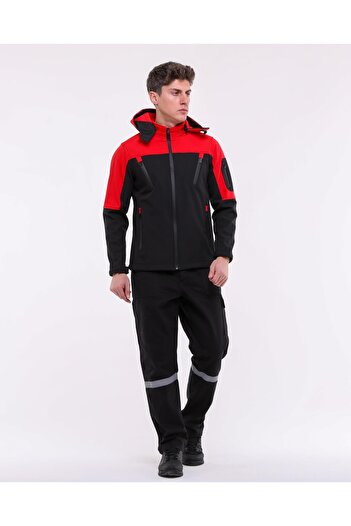 Çamdalı İş Elbiseleri Softshell Hooded Coat Red Black Waterproof