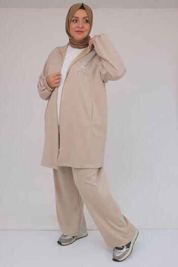 Eslina 57057 Plus Size Zippered Modal Suit with Pants - Beige