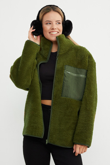 Fulla Moda Zippered Single Pocket Stand Collar Plush Coat