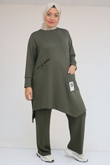 Eslina 57041 Plus Size Modal Pants Suit with Pocket Embroidery Detail - Khaki