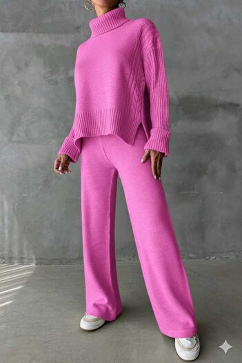 MODAM DENSTINY Women's Turtleneck Ribbed Hair Knit Patterned Side Slit Bottom Top Knitwear Set