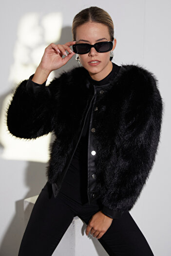 Fulla Moda Buttoned Leather Detailed Faux Fur Jacket