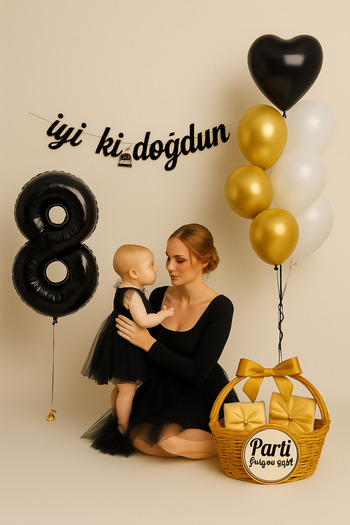 parti hediye sepeti Birthday Balloon Set Black Gold White |   Number Foil and Heart Balloon Included