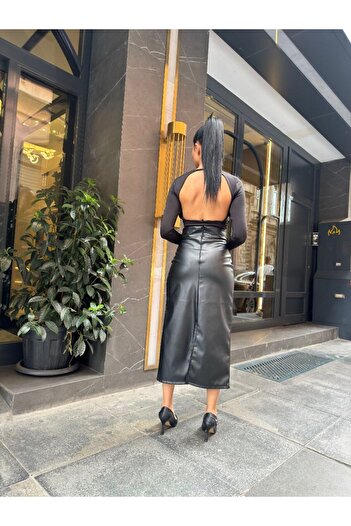 369 etnik butik High Waist Faux Leather Pencil Skirt – Midi Length with Belt Detail