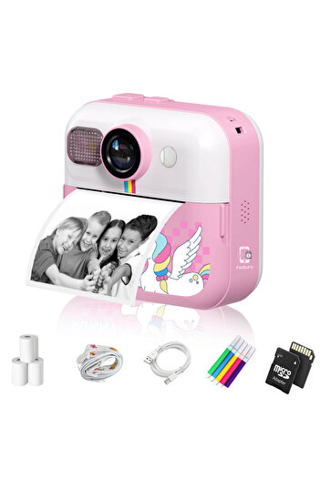 FAMIFY Kids Instant Camera, 48MP, Full HD, Educational Games, Music, 1500mAh, 64GB SD, USB, Stickers, Pink