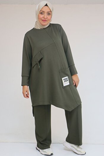 Eslina 57041 Plus Size Modal Pants Suit with Pocket Embroidery Detail - Khaki