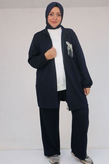 Eslina 57057 Plus Size Zippered Pants Modal Suit - Navy Blue