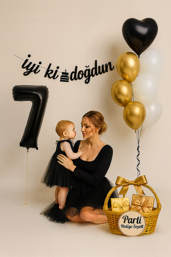 parti hediye sepeti Birthday Balloon Set Black Gold White |   Number Foil and Heart Balloon Included