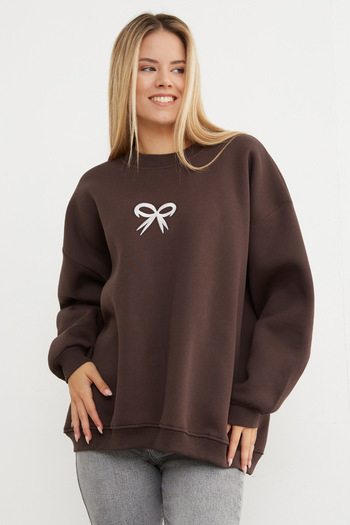 Fulla Moda 3 Thread Ribbon Embroidered Oversize Sweatshirt