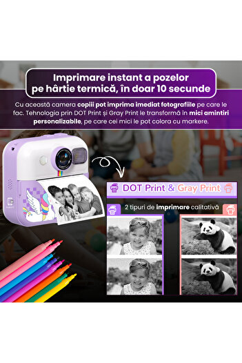 FAMIFY Kids Instant Camera, 48MP, Full HD, Games, Music, 1500mAh, 64GB SD, USB, Stickers, Purple