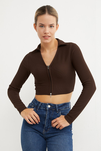 Fulla Moda Polo Neck Zippered Crop Bodysuit