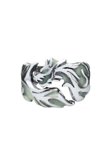 GRELYS PRINT Dragon Glow-in-the-Dark Ring, Grelys Print, Unisex, Green Glow, Size 9, Silver Metal