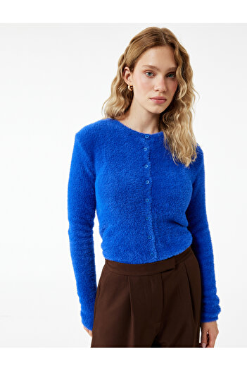 Koton Long Sleeve Crew Neck Buttoned Plush Knit Cardigan