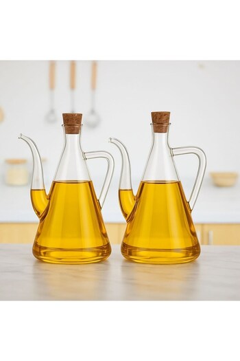 Qerhome Borosilicate Glass Oil Bottle with Acacia Lid Glazzy Oil Bottle 750 Ml+750 ml (2 Pieces Without Stand)