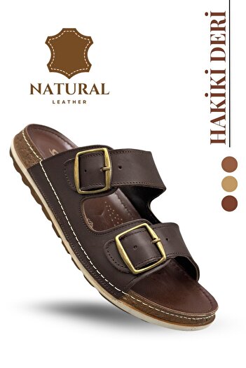 sermoda Genuine Leather Men's Slippers with Double Velcro Straps Orthopedic Comfortable Sole Daily Slippers Tm Brown