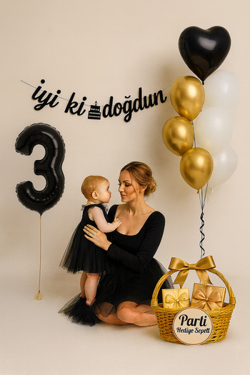 parti hediye sepeti Birthday Balloon Set Black Gold White |   Number Foil and Heart Balloon Included