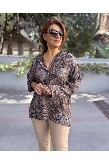 DenizEge Italian Hooded Leopard Blouse Bitter Brown