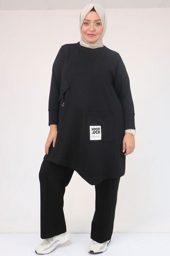 Eslina 57041 Plus Size Modal Pants Suit with Pocket Embroidery Detail - Black