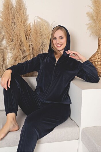 Asel Women's Hooded Navy Blue Color Velvet Long Sleeve Elastic Set