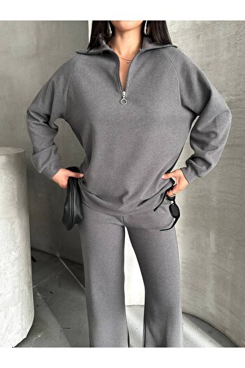 MY DEPO Women's Zippered Polo Neck Sweatshirt Wide Leg Pants Set