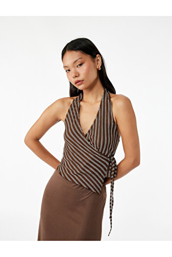 Koton Double-Breasted Collar, Wrinkled Tie Detail, Cropped Sleeveless Blouse