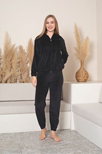 Asel Women's Hooded Black Color Velvet Long Sleeve Elastic Set