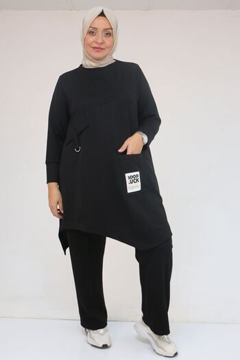 Eslina 57041 Plus Size Modal Pants Suit with Pocket Embroidery Detail - Black