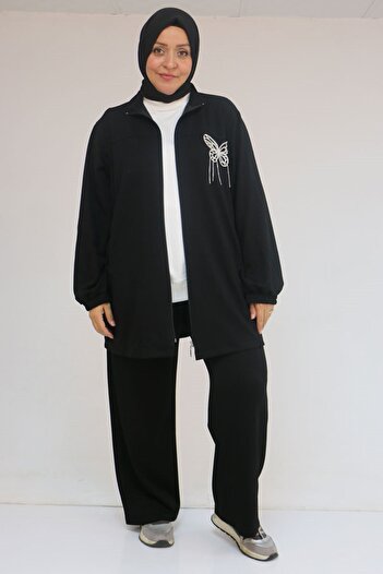 Eslina 57057 Plus Size Zippered Pants Modal Suit - Black