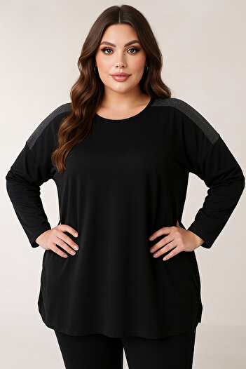 Butik Nilyam Women's Plus Size Crew Neck Long Sleeve Glitter Detailed Stretchy Blouse 25007