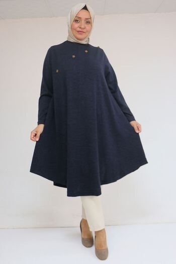 Eslina 58118 Plus Size Floral Detailed Mir Mevlana Tunic - Navy Blue