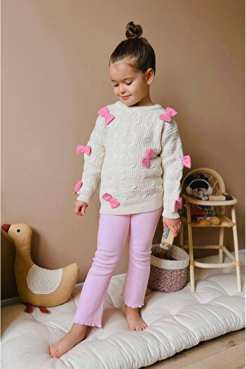 anonim Girl's Knitwear Pink Ribbon Detailed Top and Bottom Set