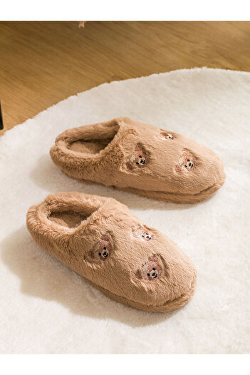 LC Waikiki Beige Bear Teddy Embroidered Plush Women's House Slippers