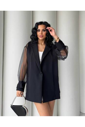 Bak'ap Premium Design Black Classic Jacket with Tulle Sleeves and Chiffon Detail