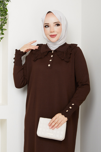 Pamuk Butik Women's Mercerized Knitwear Dress with Lace Collar