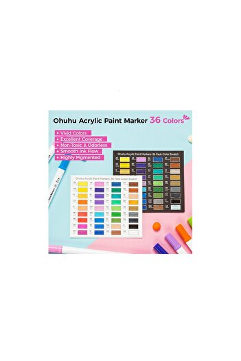 Ohuhu Set of 36 Ohuhu Acrylic Markers, Dual Tip, Brush and Fine, Cotton Reservoir, Multicolor