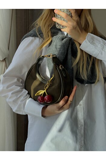 mèche atelier since 2024 Valeria Cherry Charm Gift Women's Suede Hand and Shoulder Bag Khaki