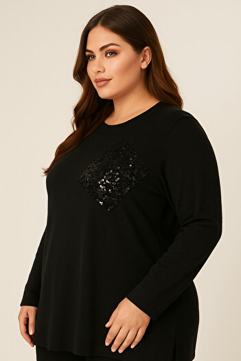 Butik Nilyam Women's Plus Size Crew Neck Long Sleeve Sequin Pocket Detail Stretchy Blouse 25007