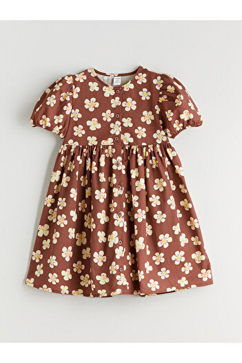 LC Waikiki Brown Crew Neck Floral Girl's Dress