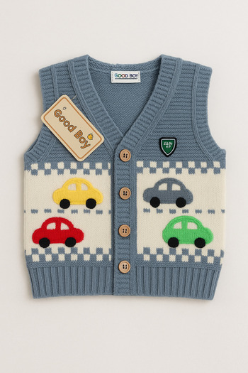 Uğur bebe Boys' Knitted Buttoned Car Patterned Vest – Baby Boy Cardigan Model Vest 100% Acrylic