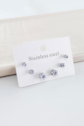 By Zeyna Aksesuar Steel Baguette Zircon Stone 6-Piece 3 Size Earring Set – Antiallergenic and Non-Tarnishing