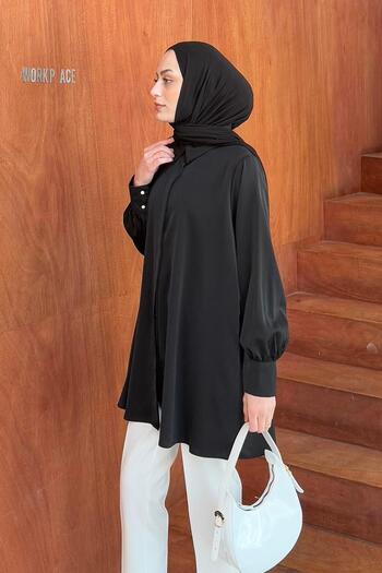 lamelif Hidden Button Detailed Hijab Tunic Black