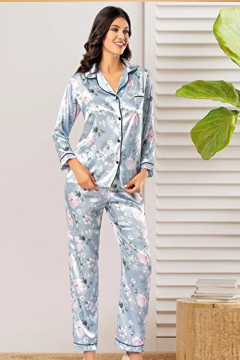 Xses 2000 Set de pijamale din satin cu mâneci lungi, albastru, cu nasturi în față