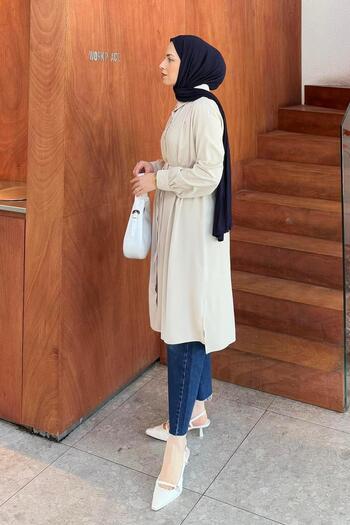lamelif Long Hijab Tunic with Tie Detail Stone