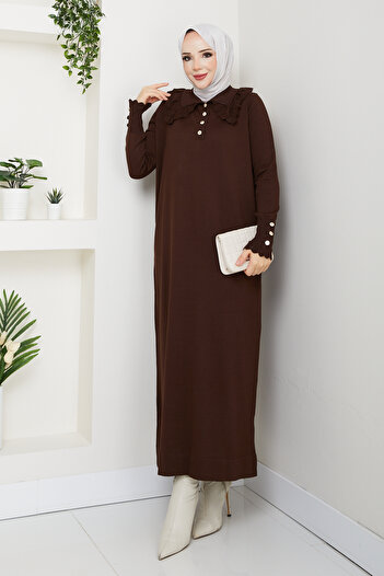 Pamuk Butik Women's Mercerized Knitwear Dress with Lace Collar