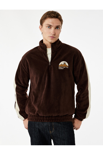 Koton Embroidered Long Sleeve Color Block Half Zip Fleece Sweatshirt