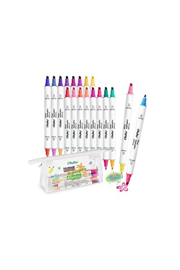 Ohuhu Set of 16 Highlighters, 32 Colors, Double Chisel and Fine Tip, Water Based, Multicolor
