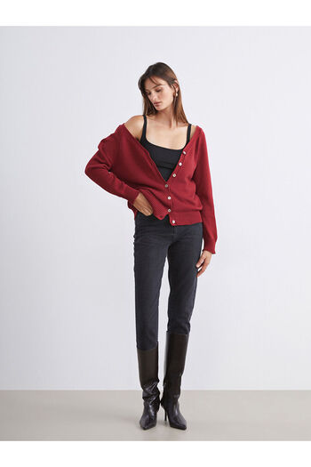 LC Waikiki Burgundy V-Neck Women's Knitwear Cardigan