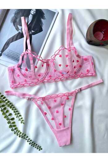 La Linaa Valentina Women's Pink Lace Thong Panty Bra Set